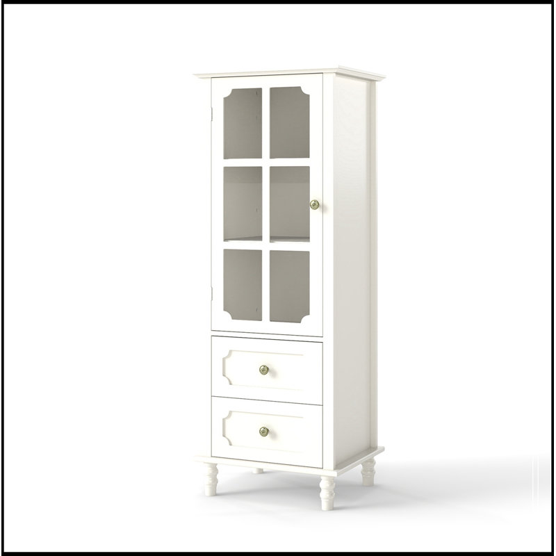 Armoire avec portes en verre et double tiroir, Blanc crémeux