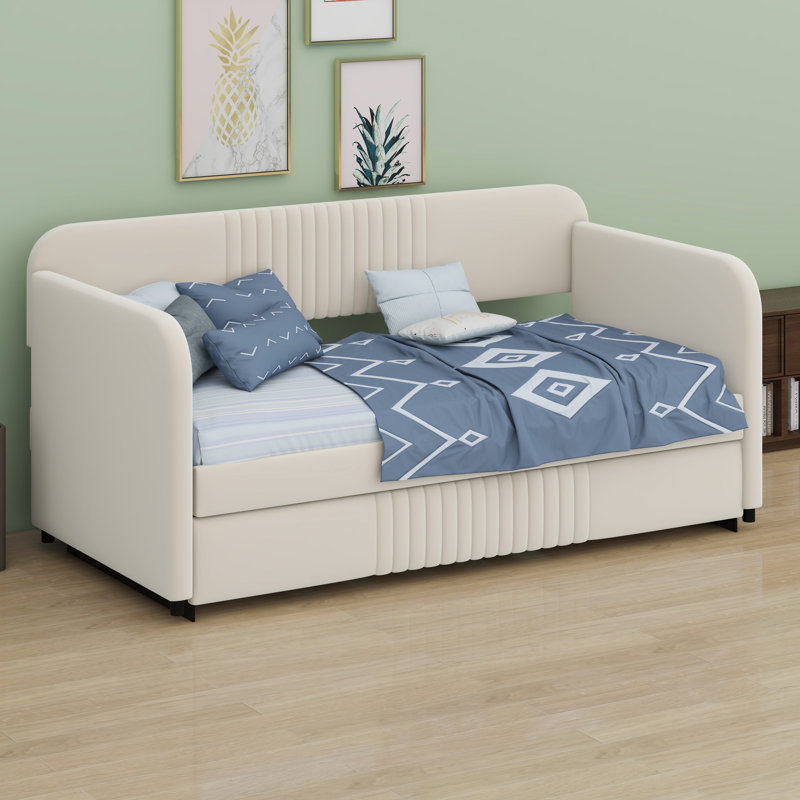 Upholstered Daybed Sofa Bed With Trundle Bed, Beige