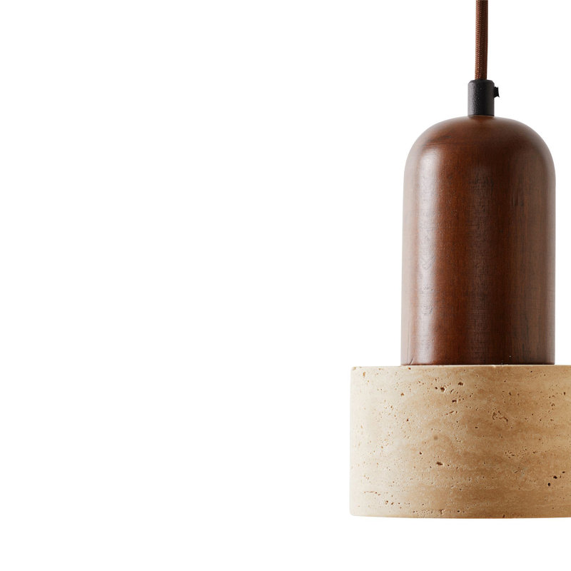 Lustre réglable élégant avec corps en bois et capuchon en travertin, finition beige et noyer | Capuchon de diamètre de 4,7 po x 7,5 po | Hauteur totale: 9,4 à 60,6 pouces | Douille E27, 40 W maximum (ampoule non incluse) | Parfait pour la salle à manger et les espaces de vie