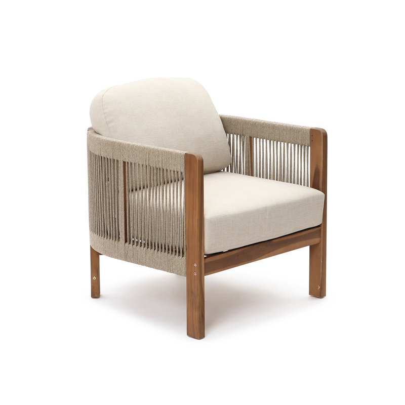 26.7'' W Outdoor Solid Wood Patio Armchair with Handwoven Rope Backrest