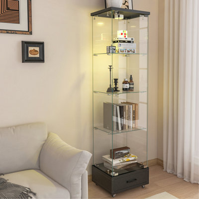 Vitrine moderne en verre avec tiroir, armoire antique à assemblage rapide avec lumières DEL, bibliothèque en verre trempé