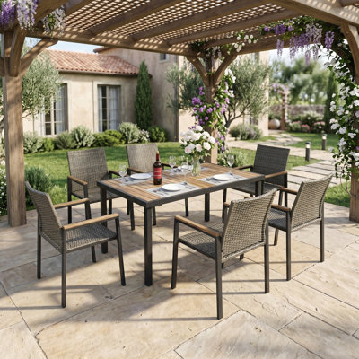 All Weather 7-Piece Patio Dining Table Sets, Patio Conversation Set with Acacia Wood Table Top & Umbrella Hole for Backyard, Deck, Poolside
