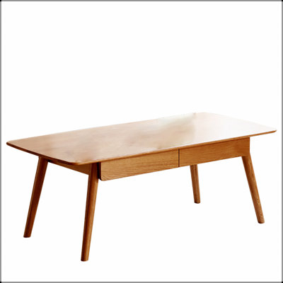 Table centrale en bois massif avec deux tiroirs et pieds trapézoïdaux pour une stabilité et un rangement accrus