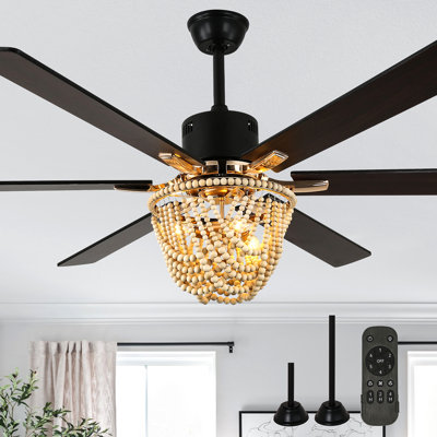 65 Inch Boho Ceiling Fan With Light And Remote, Farmhouse Wood Beaded DC Motor Ceiling Fan For Bedroom