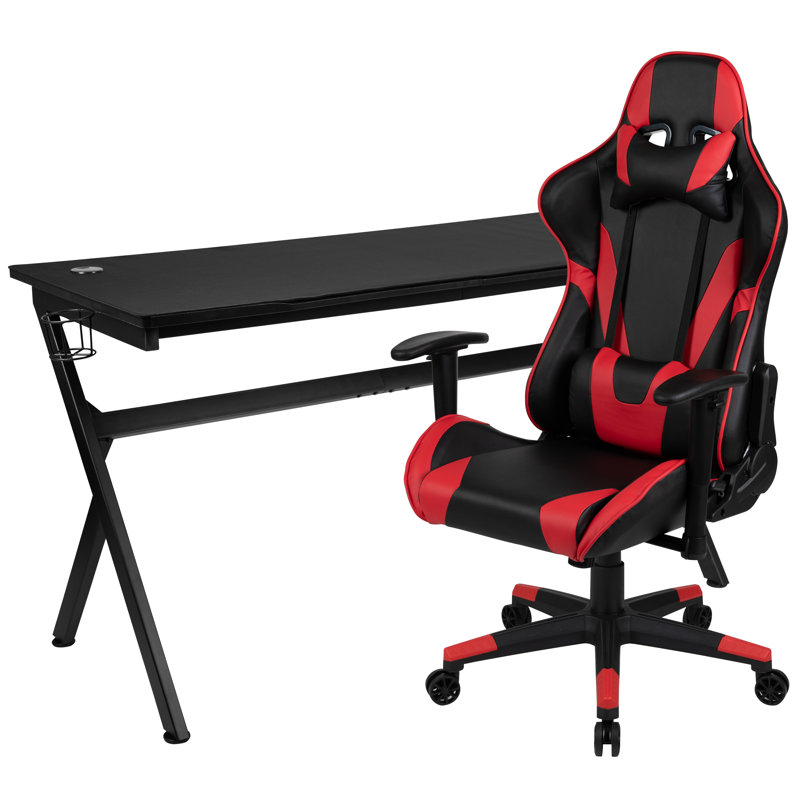 Gaming Desk and Reclining Gaming Chair Set with Cup Holder, Headphone Hook & Removable Mouse Pad Top, Red