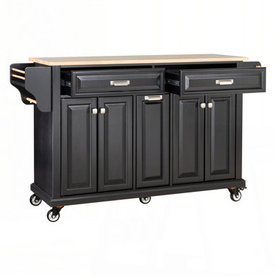Kitchen Island with Countertop, Kitchen Cart on 5 Wheels with Storage Cabinet and 2 Top Drawers and A center double layered storage drawer for Dinning Room, Black