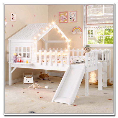 Lit mezzanine avec glissade House, lit maisonnette avec motifs en forme d'étoile en forme de lune et fenêtre, design chic avec lumières DEL