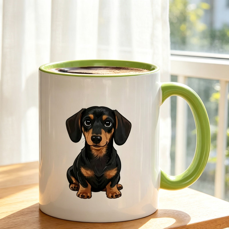 Ceramic Coffee Mug Featuring an Adorable Dachshund Puppy Design, Ideal for Enjoying Your Morning Coffee.