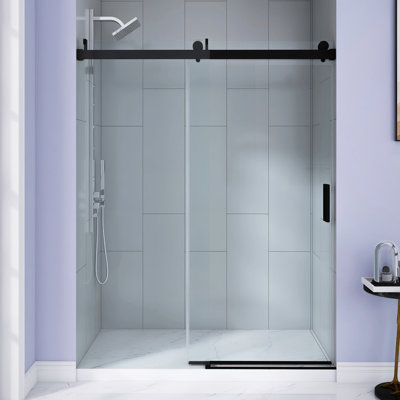 56-60 In. W X 76 In. H Single Sliding Frameless Shower Door | Silent Soft Close | 1/4 Inch Thick Tempered Glass With Explosion-Proof Coating | Reversible Installation | Matte Black
