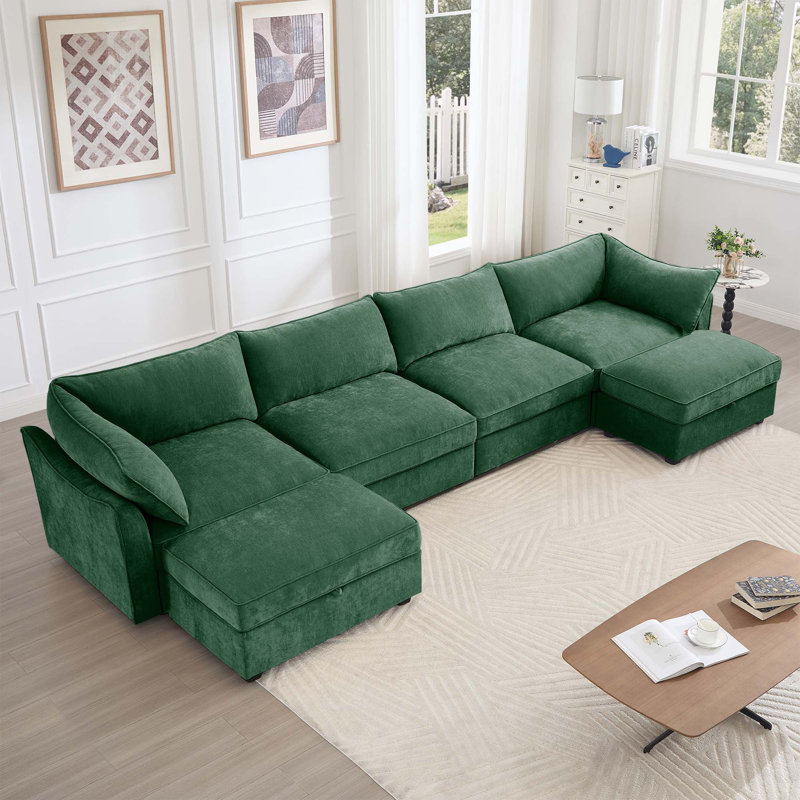 Canapé moderne en chenille 4 places avec accoudoirs en forme de croissant, 2 repose-pieds de rangement mobiles et tiroir coulissant sous chaque siège