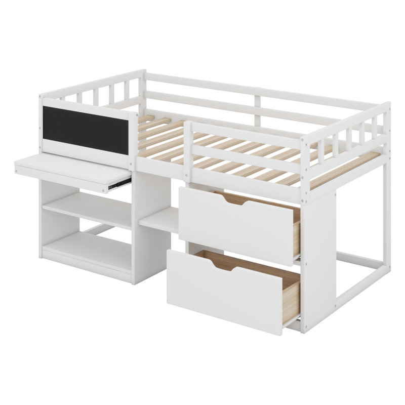 Lit mezzanine bas avec bureau roulant, tablette et tiroirs, Blanc