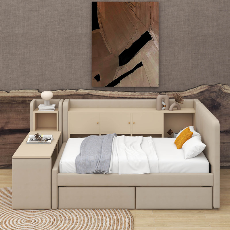 Lit de jour simple tapissier avec tiroirs, tablettes, armoires rabattables et table d'appoint, Beige