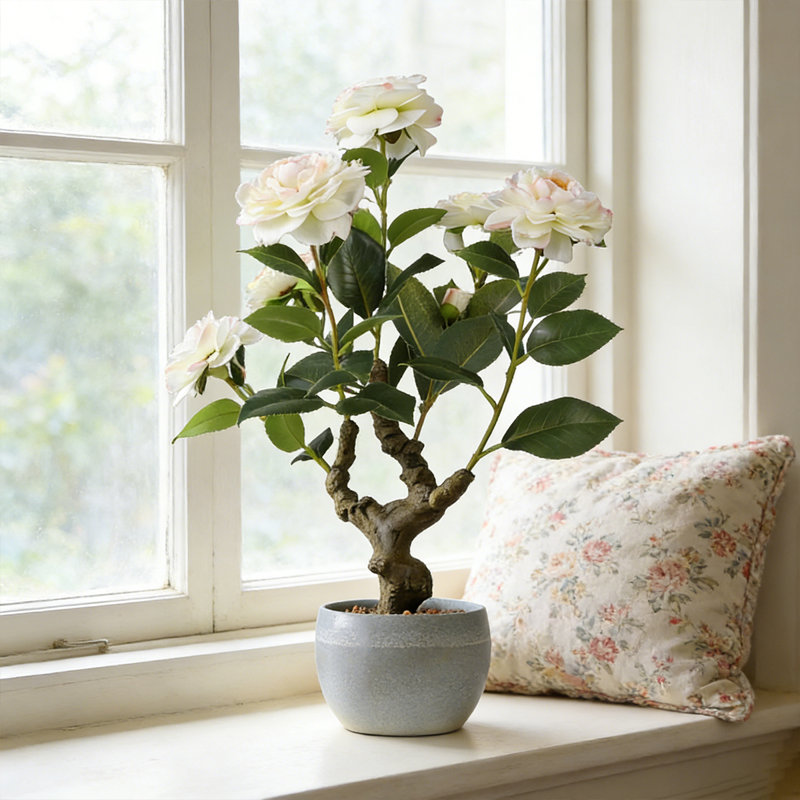 20" Artificial Camellia Tree With Realistic Flowers, Faux Bonsai Tree In Decorative Pot, 21" x 8"
