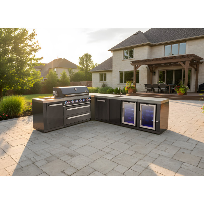Mont Alpi MASF-SS Stainless Steel Beverage Center Cabinet Module + 2.7 Cubic Feet Wine Cooler Outdoor Rated Temperature Adjustable Compact Lockable Refrigerator + Faucet & Sink