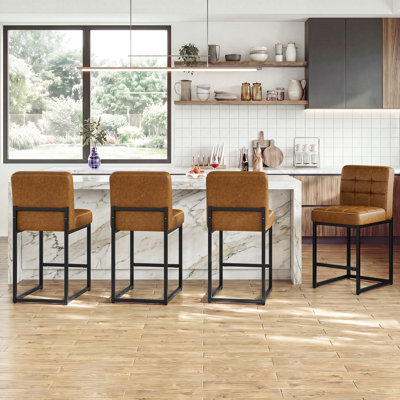 Tabouret de bar 26 po à hauteur de comptoir moderne avec dossier capitonné, siège rembourré en similicuir, pieds en métal et repose-pieds pour îlot de cuisine