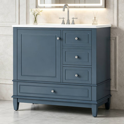 Bathroom Vanity With Ceramic Top, Built In Cabinet And Drawers