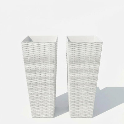 32" Set of 2  White dwarfs Rectangular Rattan Planters Outdoor Plastic Flower Pots Ideal for Trees Porch Patio Garden