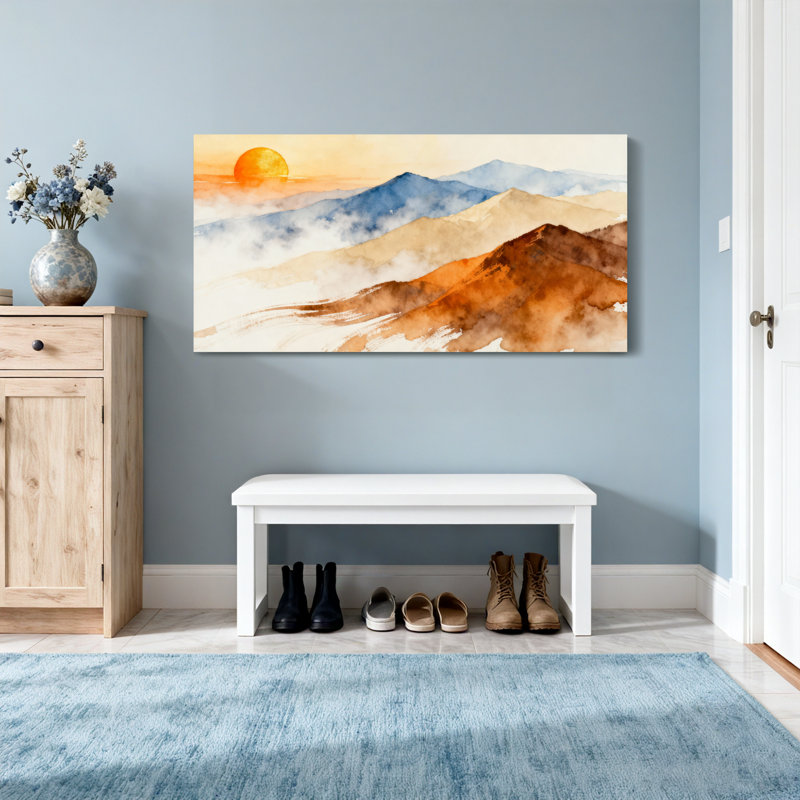 Paysage et nature, paysage de montagne, coucher de soleil, aquarelle, H 16 po x l 32 po