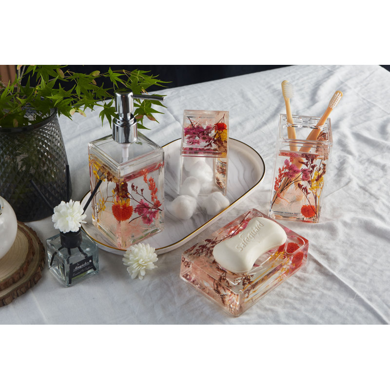 Ensemble de 4 accessoires de meuble-lavabo en acrylique 4D à mouvement flottant pour salle de bain, porte-brosses à dents, plantes, distributeur de savon, porte-savon