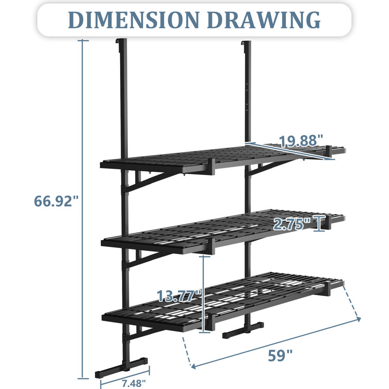 Heavy Duty Garage Wall Shelving & Shipping Container Shelving - 3-Tier Adjustable Metal Storage Rack with Hanging Shelf Brackets, No-Drill Vertical Storage for 43.3"/55.1" Frame Spacing