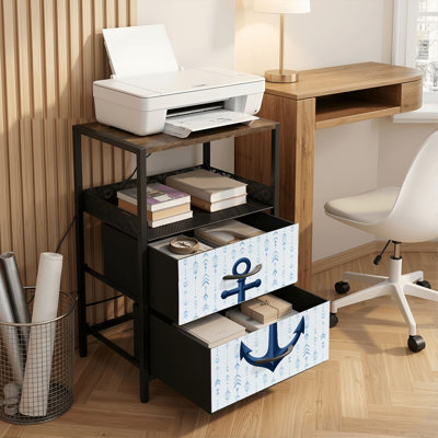 2 Drawers Nightstand with Charging Station, Bedroom Nightstand with USB Ports &amp; Outlets Open Shelf Black, night stand with Dark Blue Anchor Print