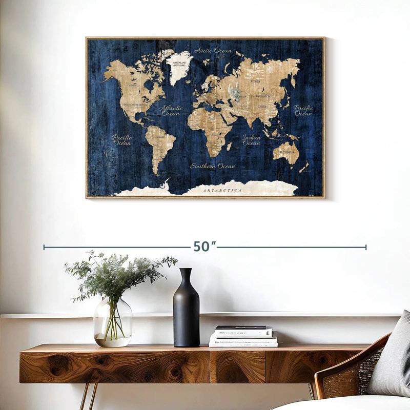 Carte du monde en bois texturé, 37 po x 25 po, Cadre flottant en bois naturel