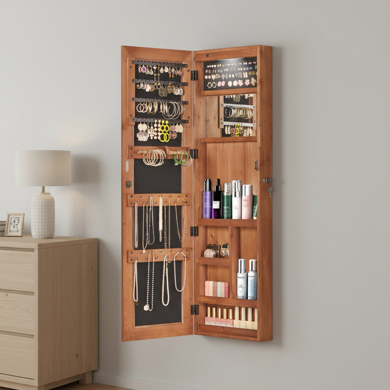 Armoire à bijoux élégante avec miroir pleine longueur, lumières DEL et rangement verrouillable, Brun