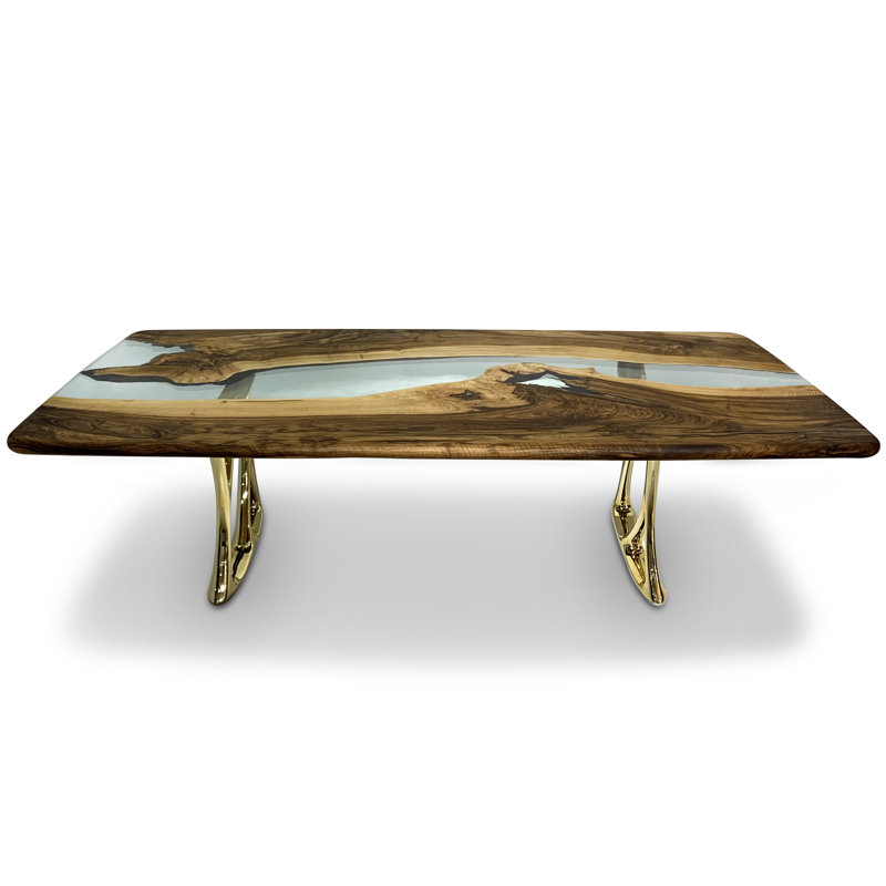 Walnut Metal Base Dining Table, Reverse Waterfall