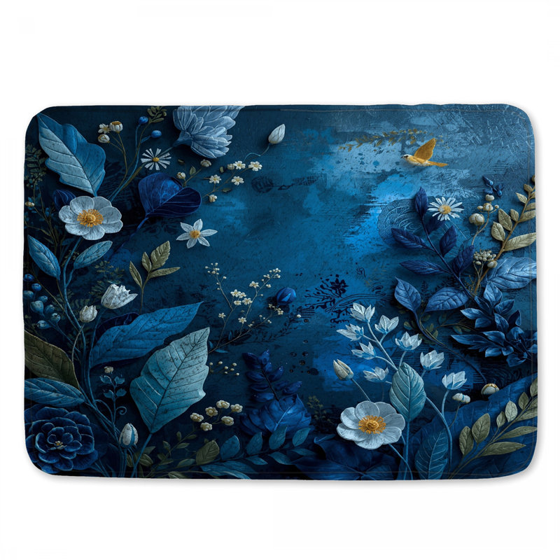 Tapis de bain bleu à motif floral, L 24 po x L 17 po