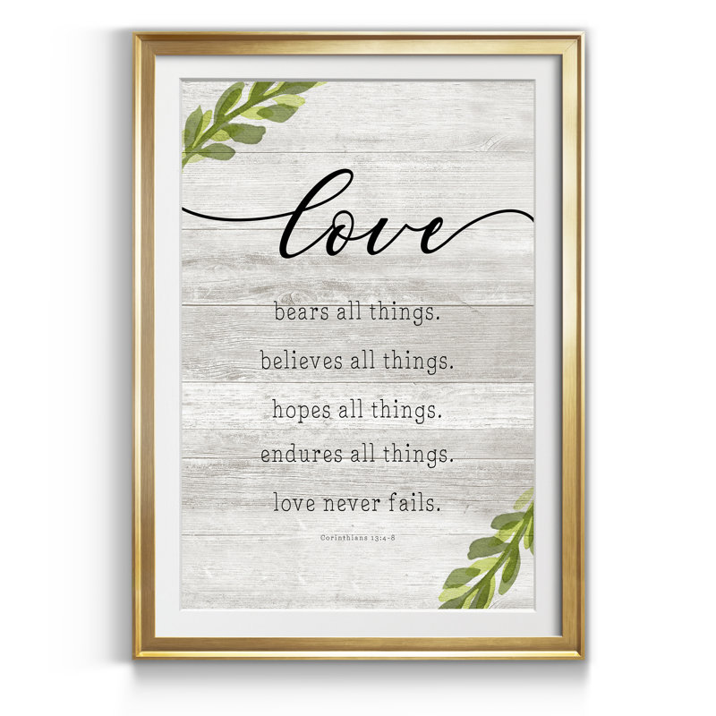 «Love Never Fails» - Reproduction d'art textuel sur papier encadré, H 26,5 po x l 36,5 po x P 1,5 po, Doré