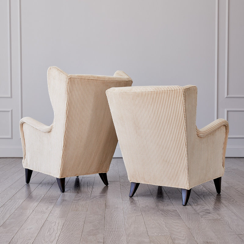 Ivory Corduroy Wingback Chair with Oiled Walnut Legs