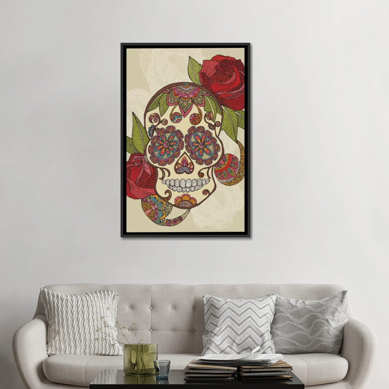 Crâne de sucre, impression sur toile tendue, H 26 po x l 18 po x P 1,5 po, Cadre noir