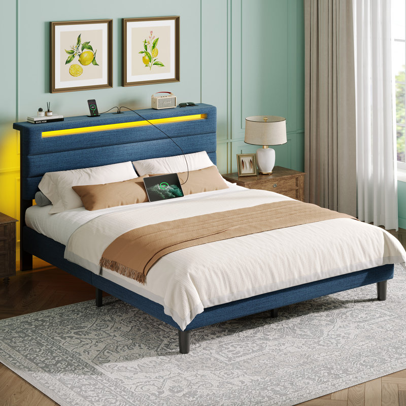 Platform Bed with Upholstered Headboard ,Bed Frame with LED lights and Charging Station, Twin, White
