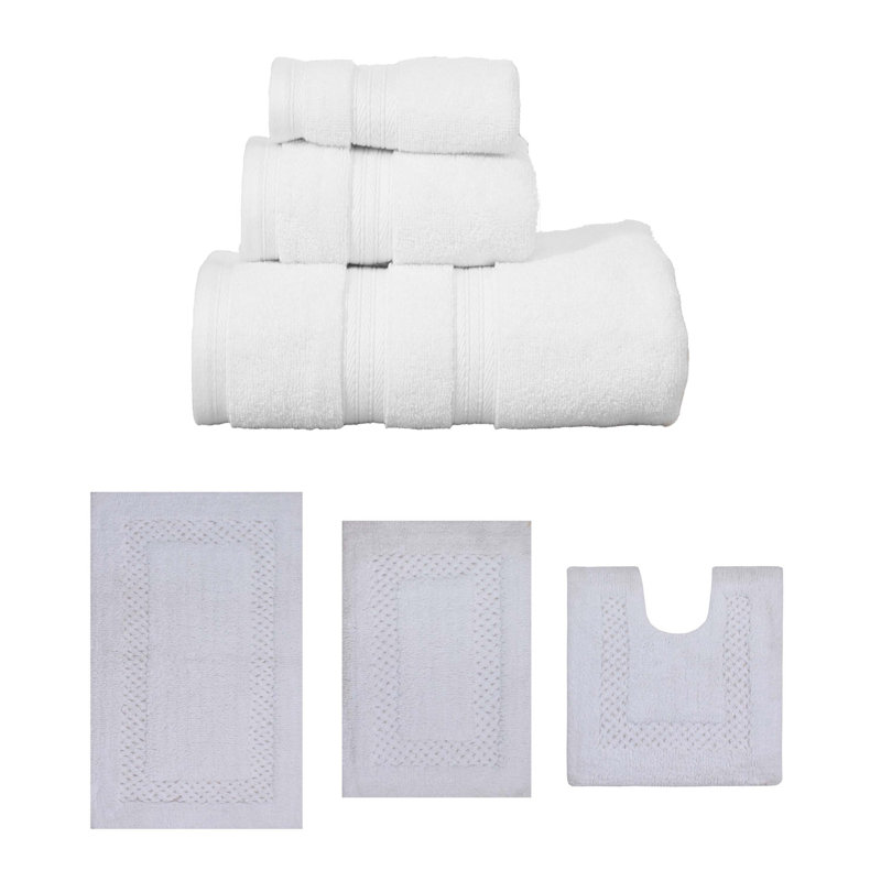 Bublitz Classy Bath Mat 100% Soft Cotton Bath Towel Set & 3 Pc Bath Rug Combo, 6 Piece Towel Set, White