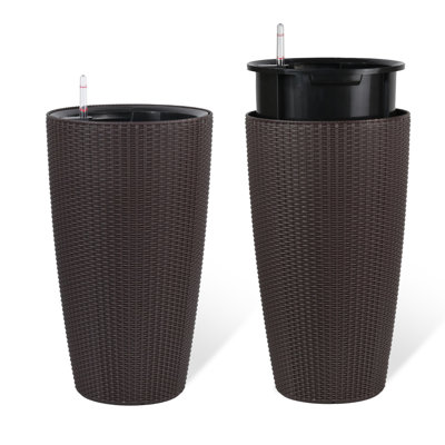 Ensemble de 2 grandes jardinières d'intérieur en faux rotin avec seau intérieur pour moniteur de niveau d'eau, arrosage automatique, pots à fleurs pour jardin, patio, porche, cour arrière (22 pouces)