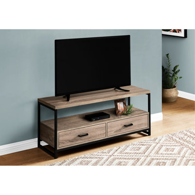 Meuble télé 48 po, taupe foncé et noir, 2 tiroirs et peu encombrant, pour la chambre à coucher du salon, convient à un meuble télé de 70 à 79 po avec métal noir, concept de rangement pour chambre à coucher, pièce, peut accueillir