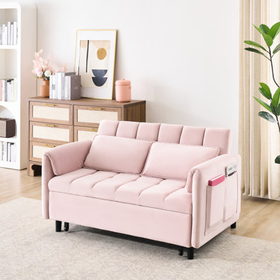 Lit escamotable 3 en 1 rose moderne, meubles de salon en velours de 52 po, dossier et siège rembourrés en éponge, lit design peu encombrant, avec option, coussins, pieds en métal / plastique, facile à assembler