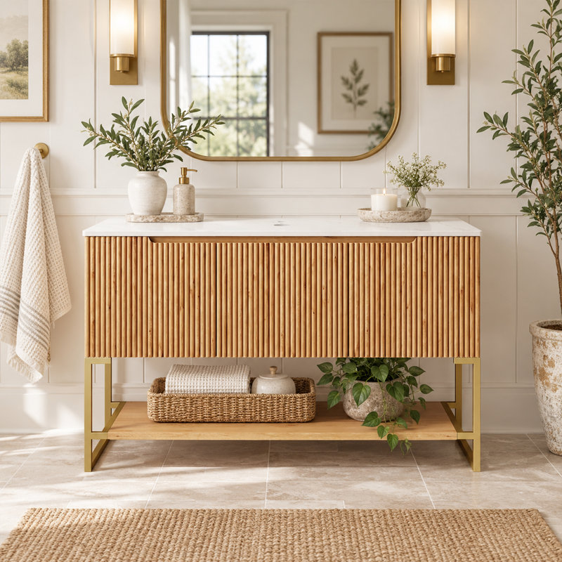 Base de meuble-lavabo 48 po, armoire de rangement autoportante avec 3 portes et tablette ouverte, sans lavabo inclus