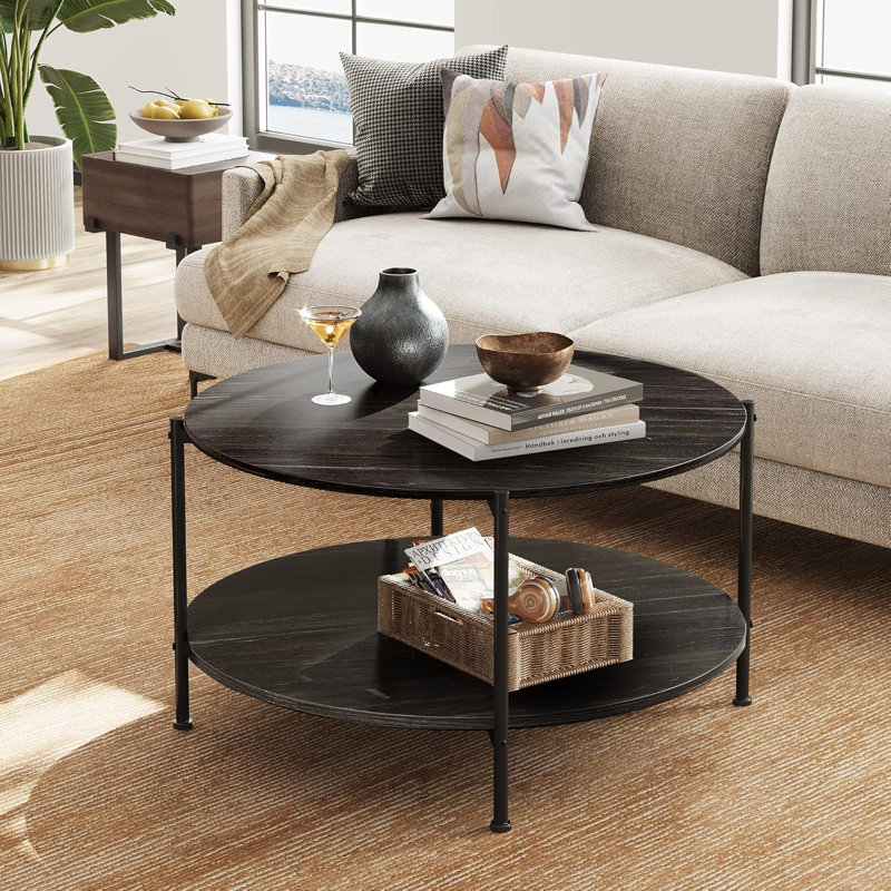 Table basse ronde en bois avec rangement Wynny, table basse de salon , Noir anthracite