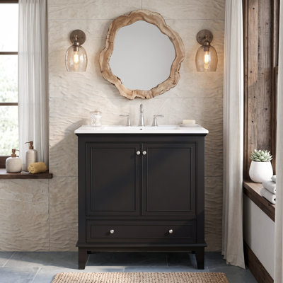 Meuble-lavabo autoportant noir de l 30 po x P 18 po x H 34 po avec comptoir en céramique intégré (robinet non inclus)