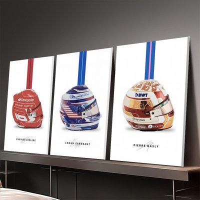 Ensemble de 3 affiches encadrées, reproductions de casques de Formule 1 (Charles Leclerc, Logan Sargeant, Pierre Gasly), décoration murale pour la maison, le bureau ou le garage, cadeau pour les amateurs de sport automobile, design moderne et minimaliste avec les signatures des pilotes.