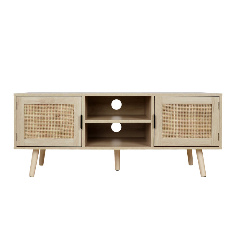 Meuble télé avec portes en rotin et rangement ouvert pour téléviseur de 55 po ou moins Boho, console média avec armoire de rangement