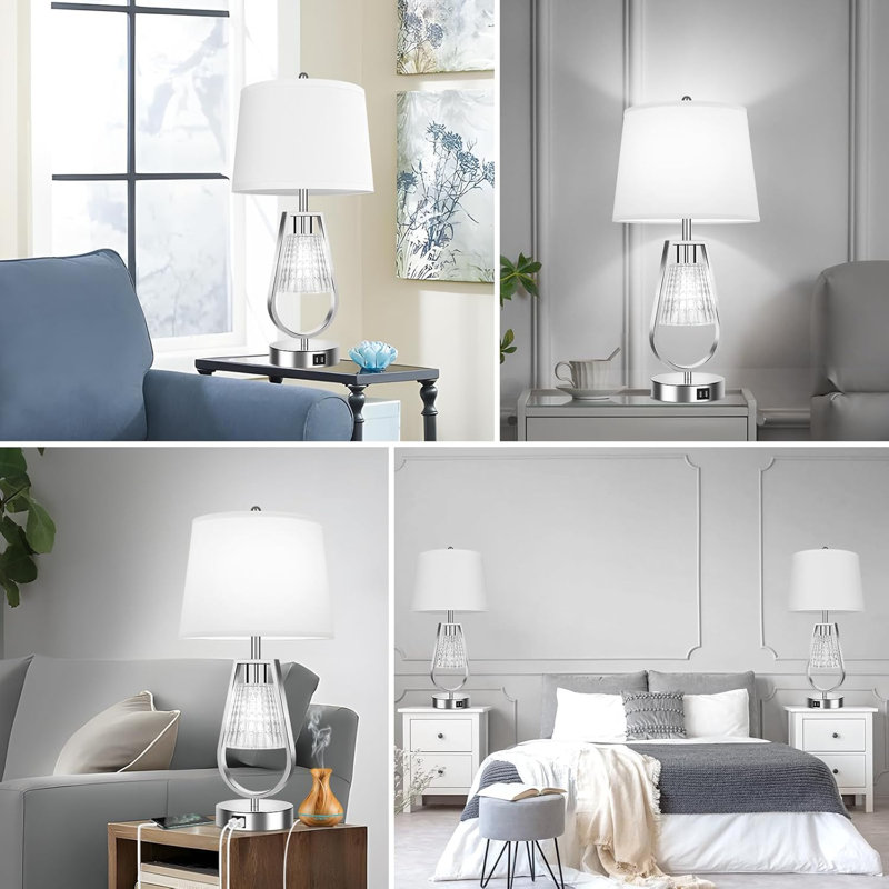 Ensemble de 2 lampes de table à contrôle tactile avec veilleuse, lampes de chevet à intensité variable avec 2 ports USB, abat-jour blanc, comprend 4 ampoules