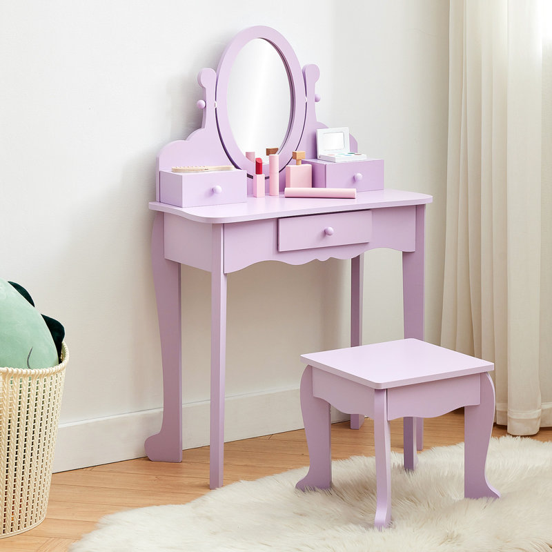 Ensemble de coiffeuse pour enfants avec miroir et tabouret, bureau de maquillage pour enfants avec tiroir, miroir réglable sans éclairage, table de maquillage pour chambre - Violet