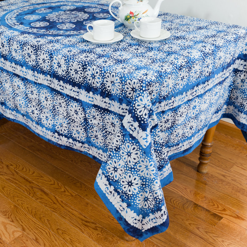 Marilis Geometric Cotton Tablecloth, 90" x 60", Blue