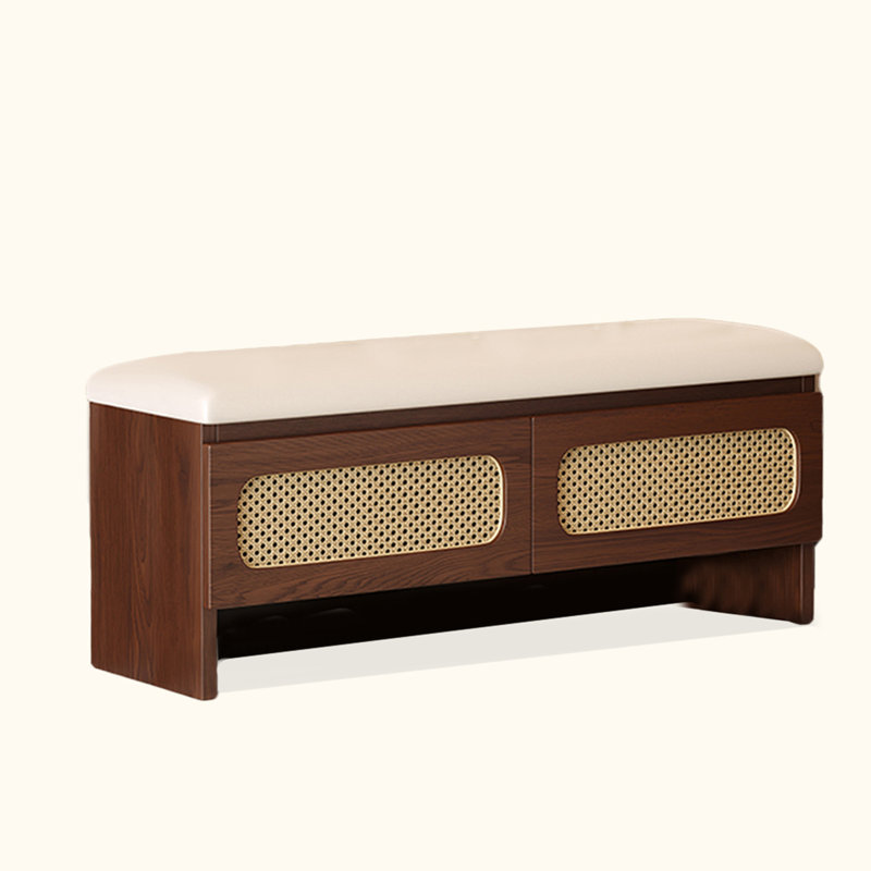 Banc de rangement ouvert en bois massif avec insertions en rotin