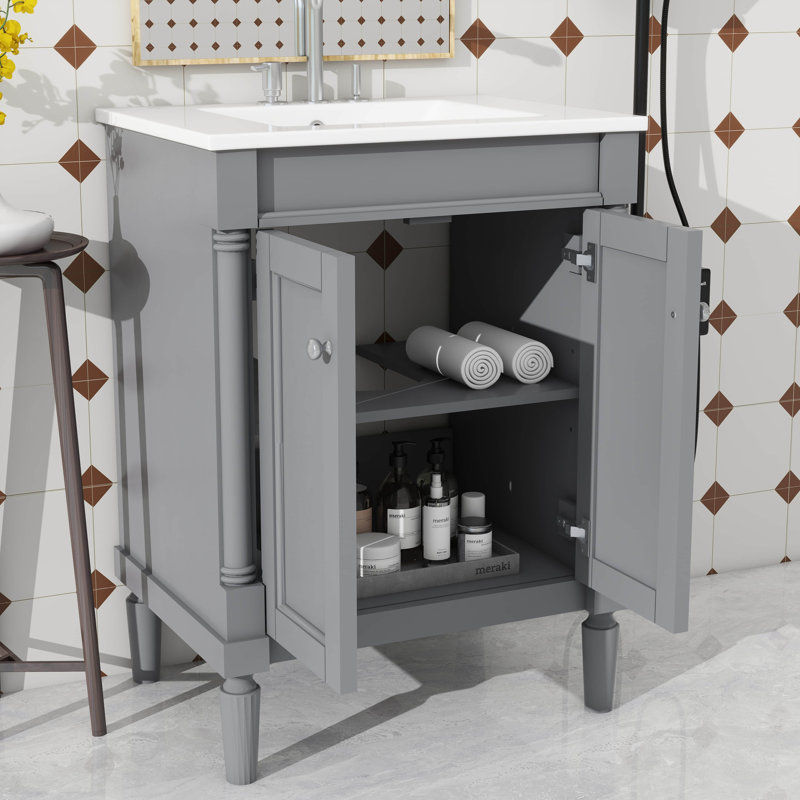 Meuble-lavabo de salle de bain chic 24 po avec évier sur-comptoir et armoire de rangement à deux niveaux de style contemporain