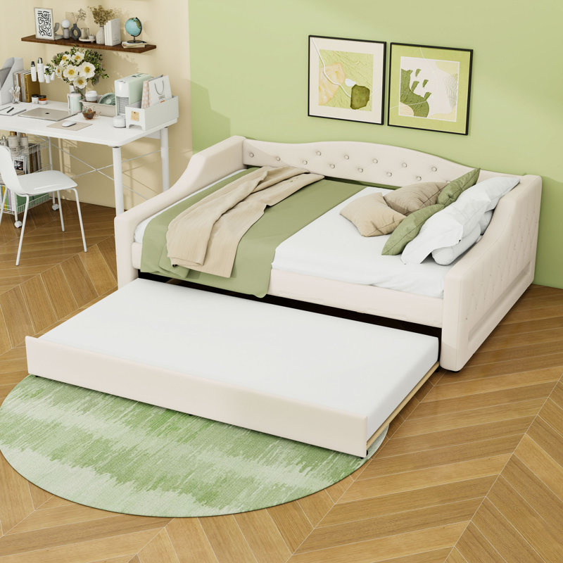 Lit de jour rembourré double TG avec ceinture à DEL et couchette, Beige