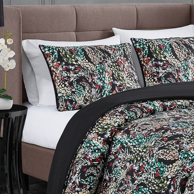 Full Black Cotton Sateen Duvet Cover Set with Floral Design