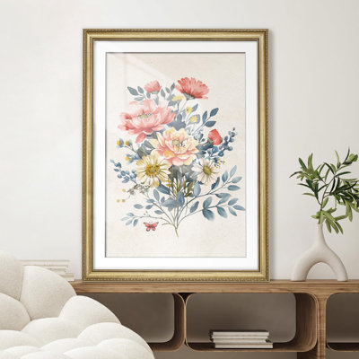 " Delicate Floral Bouquet Watercolor Pastel Flower Illustrations Gold Framed Wall Art Decoration "